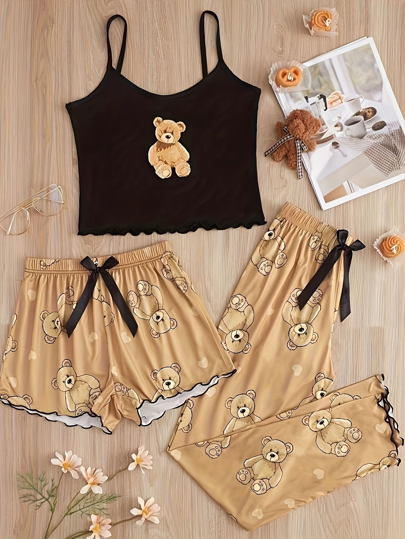 Bear print pajama set with lettuce trim, including a crop cami top, shorts, and pants, for women's sleepwear and loungewear.