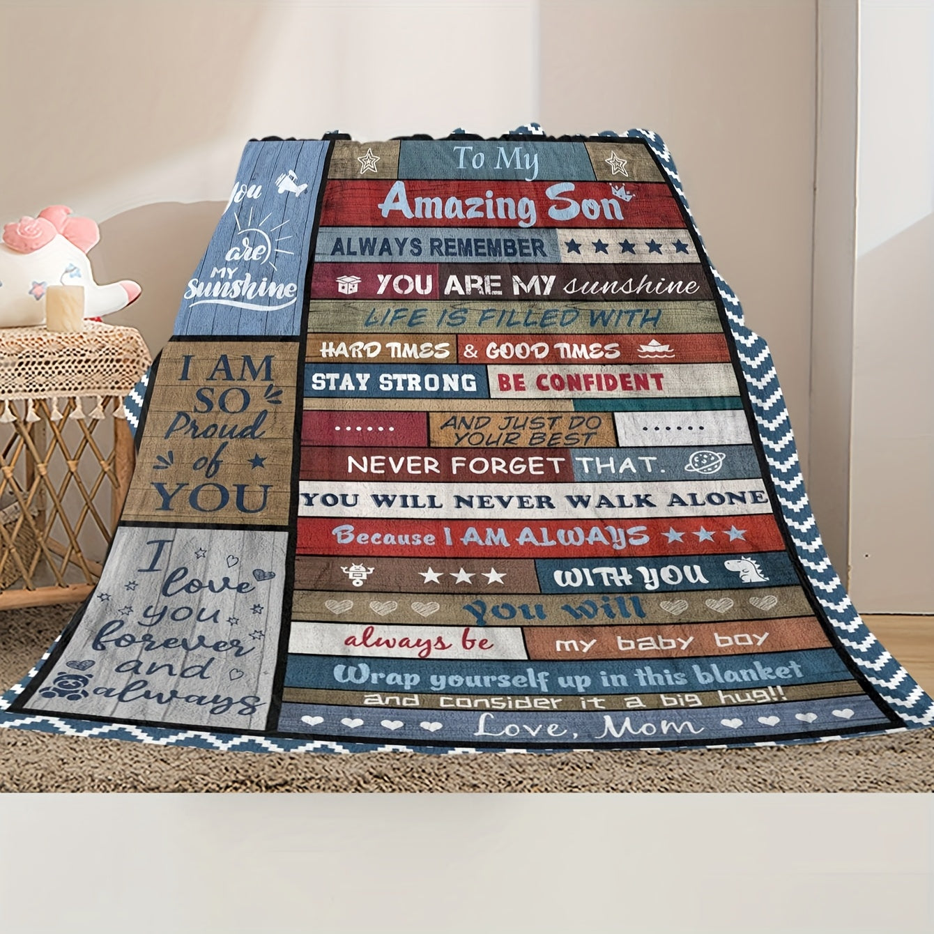 Contemporary Geometric-Patterned Flannel Blanket for Son - 1 Piece, Made from 100% Polyester Knitted Material, All-Season Multipurpose Throw featuring Inspirational Quotes from Mom - Perfect Gift Idea for Son