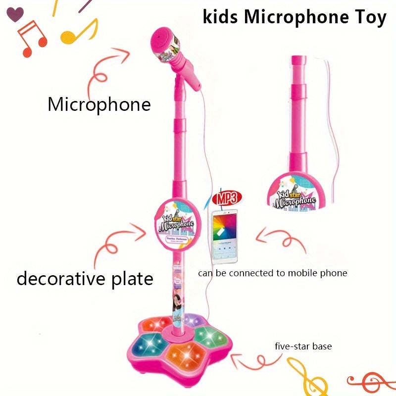 Kids' Karaoke Microphone with Stand - Adjustable height, light effects, MP3/phone connectivity. Perfect birthday gift for boys & girls, engaging, educational toy. Brain-training music