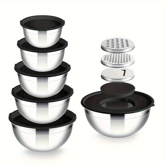 This set includes 15 stainless steel mixing bowls with black seal covers. 
The nesting style design includes 3 grater accessories and a metal nesting storage bowl to save space in your kitchen.
These versatile bowls are dishwasher safe and perfect for