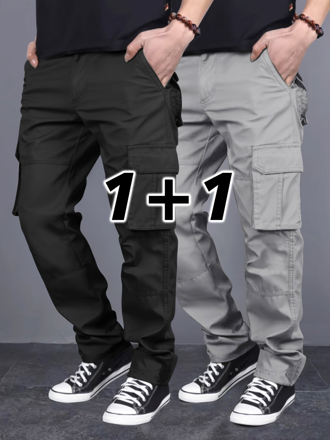 Men's 2-Pack Solid Color Cargo Pants with Multiple Pockets, Regular Fit, Ideal for Outdoor Activities