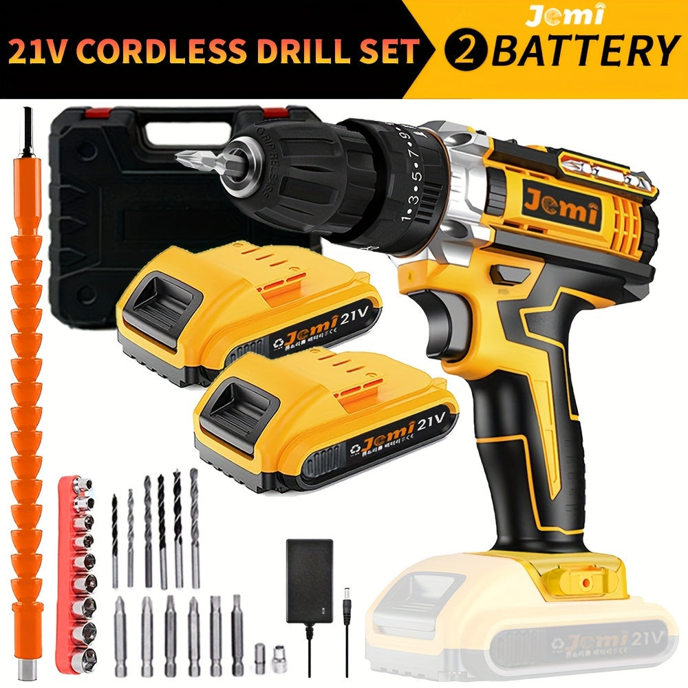 Jemi Tool 21V Cordless Drill Set with 23pcs and 3/8" Keyless Chuck, featuring 25 3 Clutch Drill with Work Light, Max Torque 45Nm and 2 Speeds.