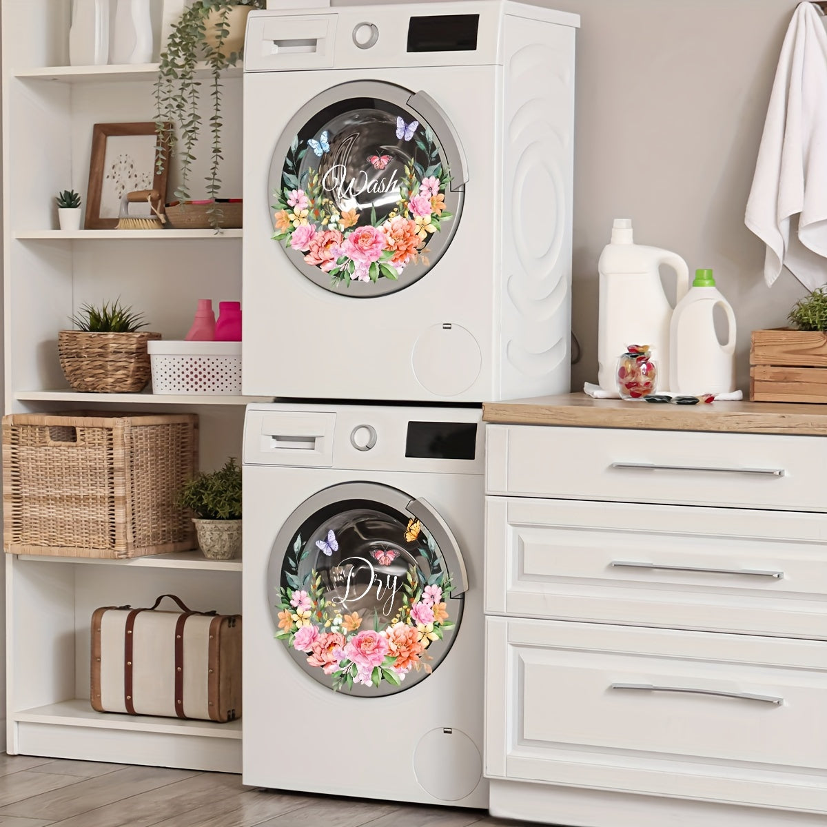 Набор из 2 наклеек Fresh Ring Flower Wash Dry Laundry Room для стиральной машины, декоративные наклейки на окна - 30*30 см, самоклеящиеся, двусторонняя печать - CT9004-YJ