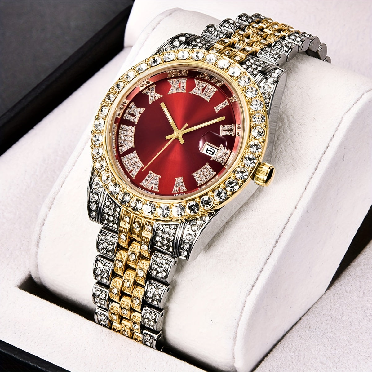 Elegant and luxurious full artificial diamond steel strap quartz watch with calendar, perfect for parties and gift-giving.