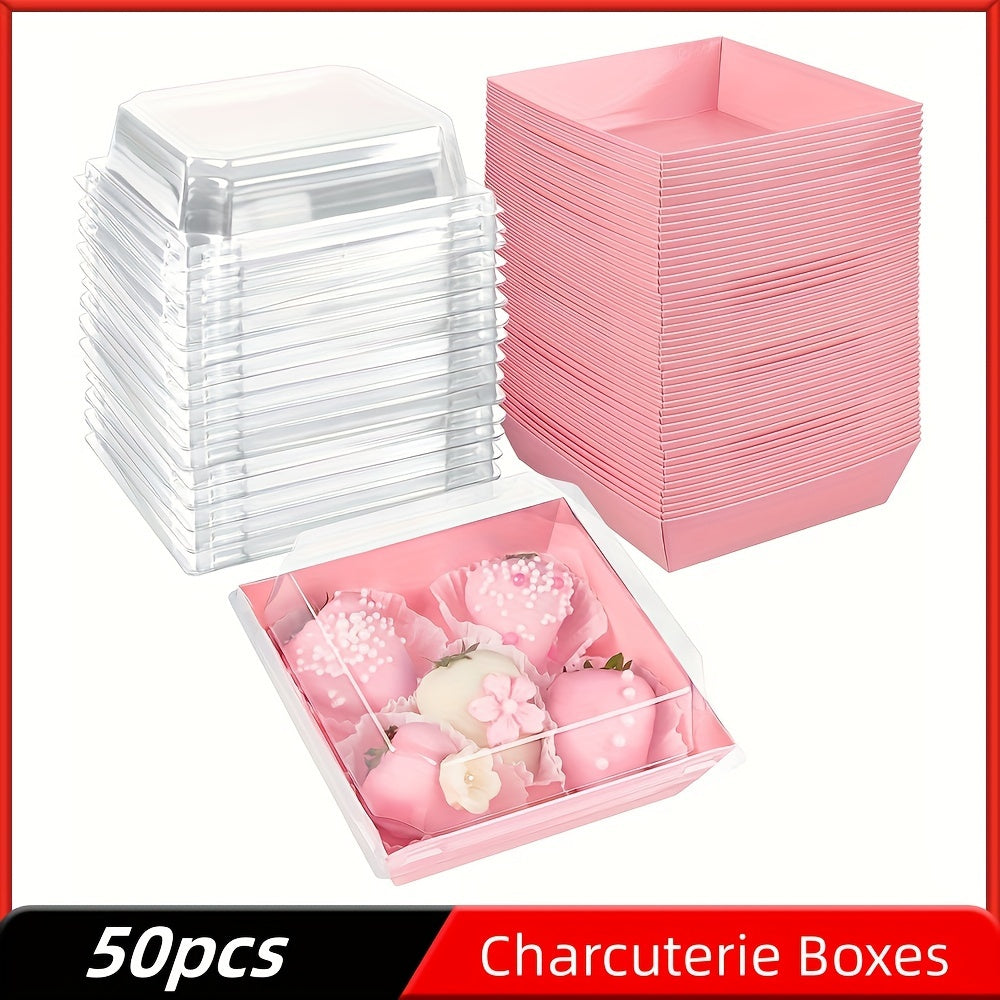 50 pieces of paper charcuterie boxes with clear secure lids, square dessert containers in pink bakery boxes ideal for storing strawberries, cookies, cake slices, brownies, and cinnamon rolls. These kitchen accessories are perfect for baking supplies