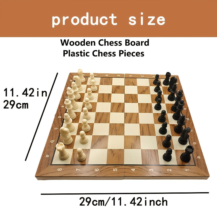 1pc 3-in-1 wooden chess board game for adults, includes backgammon and checkers.