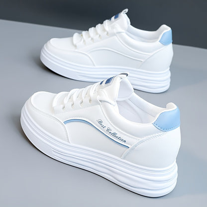 White lace-up sneakers with thick soles, perfect for casual wear.