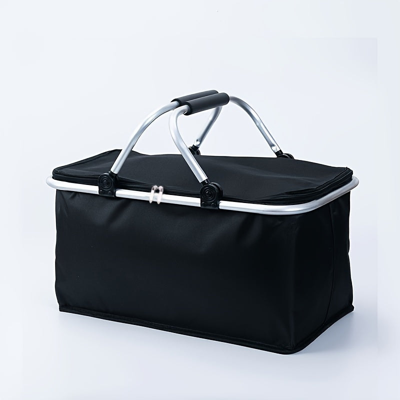 Foldable insulated picnic bag with handle for outdoor travel, in black nylon.