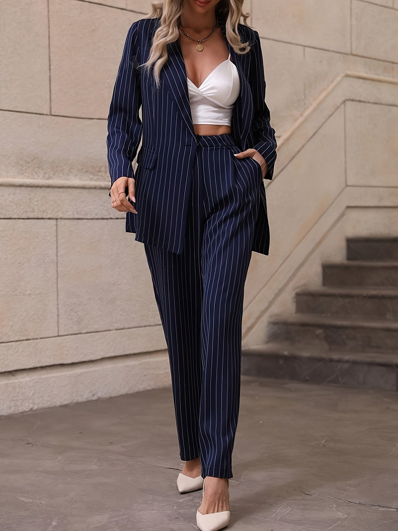 Polished Polyester Pinstripe Women's Suit Set with Long Sleeve Jacket and Trousers, Includes Blazer and Matching Pants