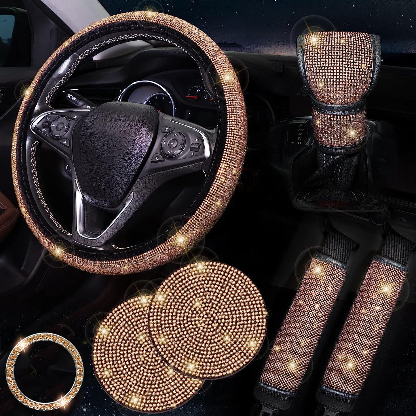 Women's bling car accessories: steering wheel cover, coasters, seat belt shoulder pads, ring sticker, and gear shift cover.