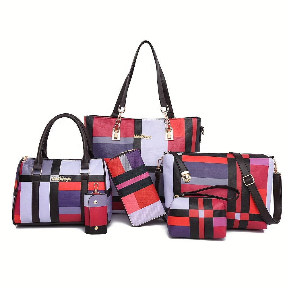 Checkered 6-piece fashion handbag set includes faux leather tote, crossbody, and shoulder bags with a simple versatile design for women.