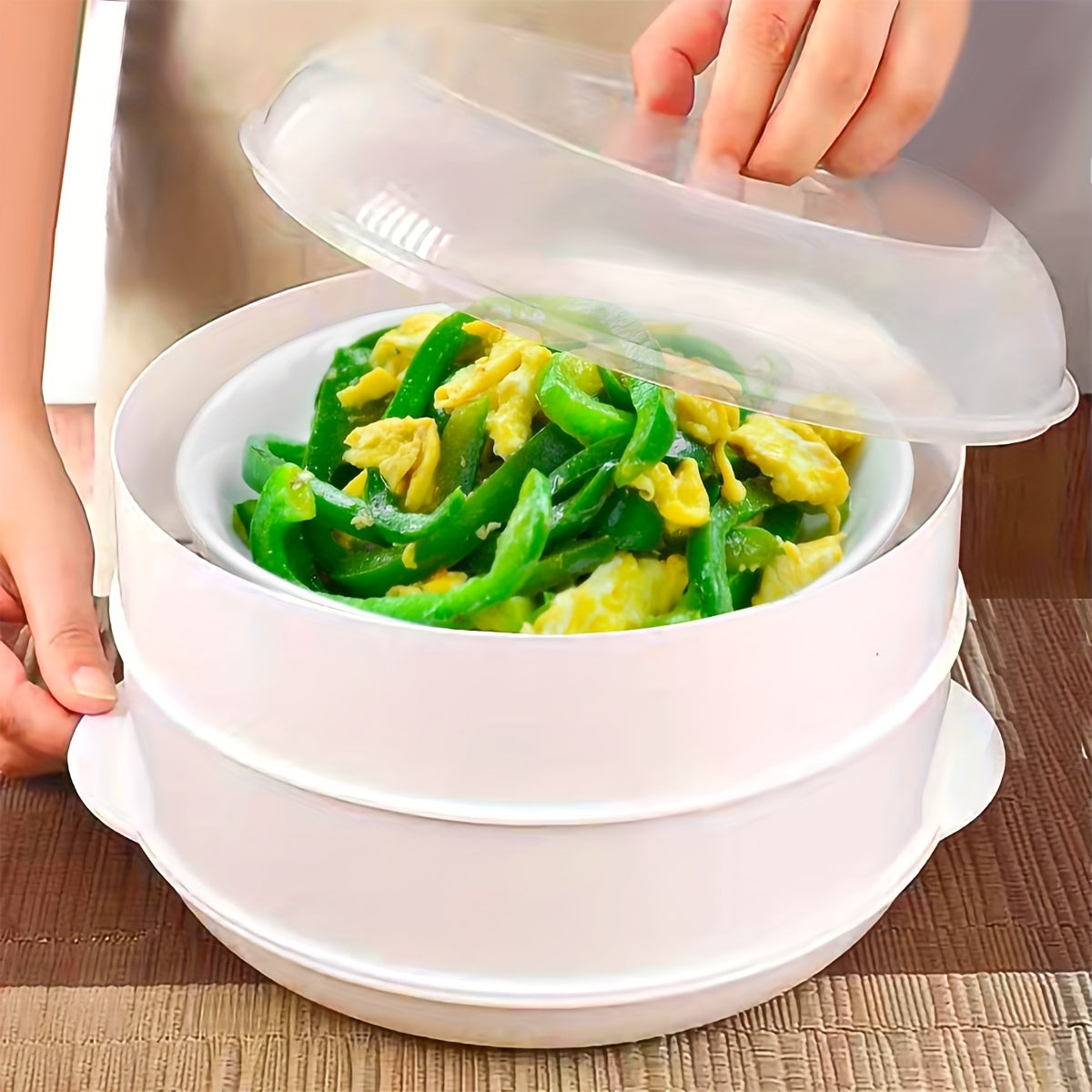 Durable PS Polystyrene Double Boiler System Multi-Tier Microwave Steamer for Quick Steaming Vegetables, Rice, Fish, Buns, and Dumplings - Perfect for Home Kitchen and Restaurant Use