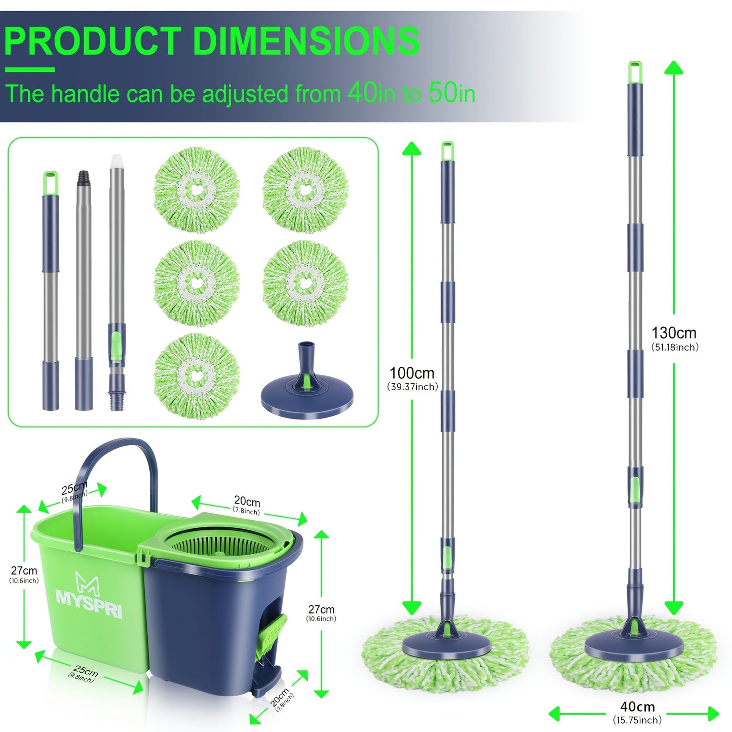 Introducing the MySpry Spin Mop and Bucket Set - A Heavy Duty Floor Cleaning System with Wringer. Say goodbye to needing electricity as this set is perfect for use in your Living Room, Bedroom, or even outdoors. Made of durable plastic material in a