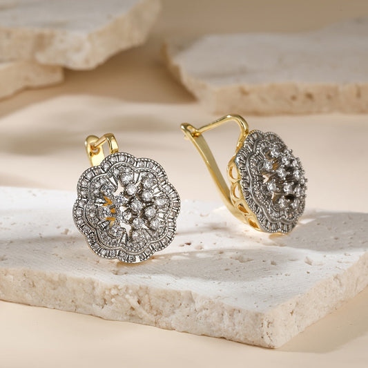 Stunning 18K Gold-Plated Copper Flower Earrings and Ring Set adorned with Synthetic Cubic Zirconia, Perfect for Women. Featuring a Luxurious and Elegant Dual-Tone Hollow Design, Ideal for Daily Wear or Wedding Events.