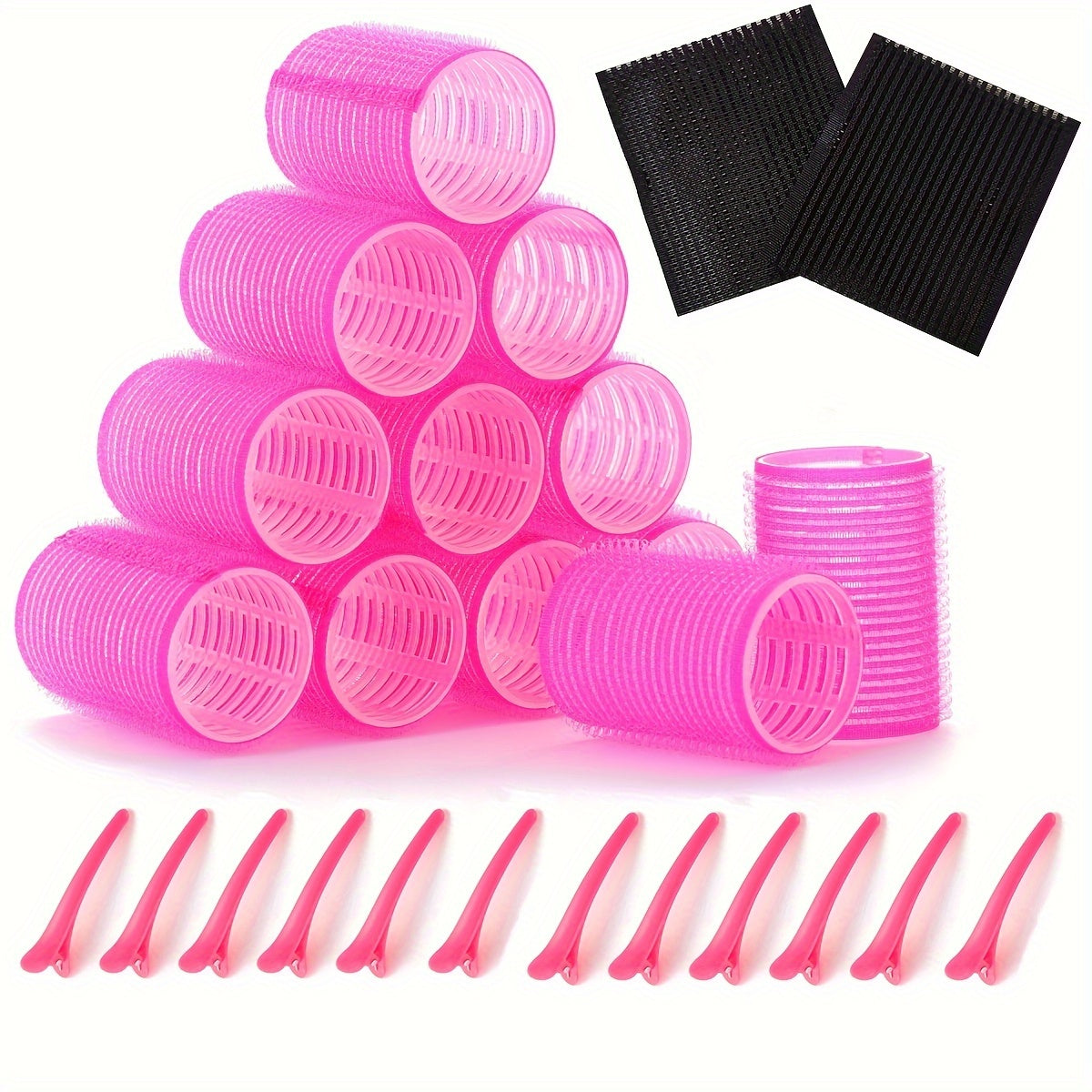 26-piece set of large hair rollers with self-clipping curlers, including 12 rollers and 12 clips, along with 2 square hair tassel stickers for bangs. Salon quality no-heat curlers for DIY