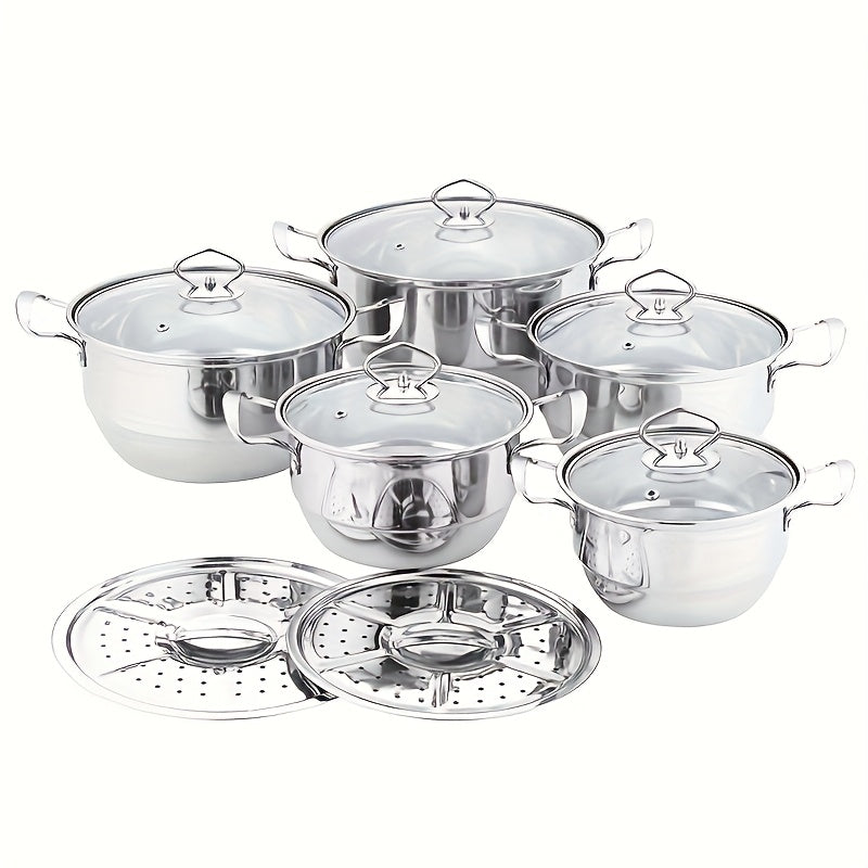 Complete Stainless Steel Kitchenware Set with 12 Pieces Including Steamer, Frying Pan, and Soup Pot - Suitable for All Stoves, Ideal for Outdoor Camping - Silver Color