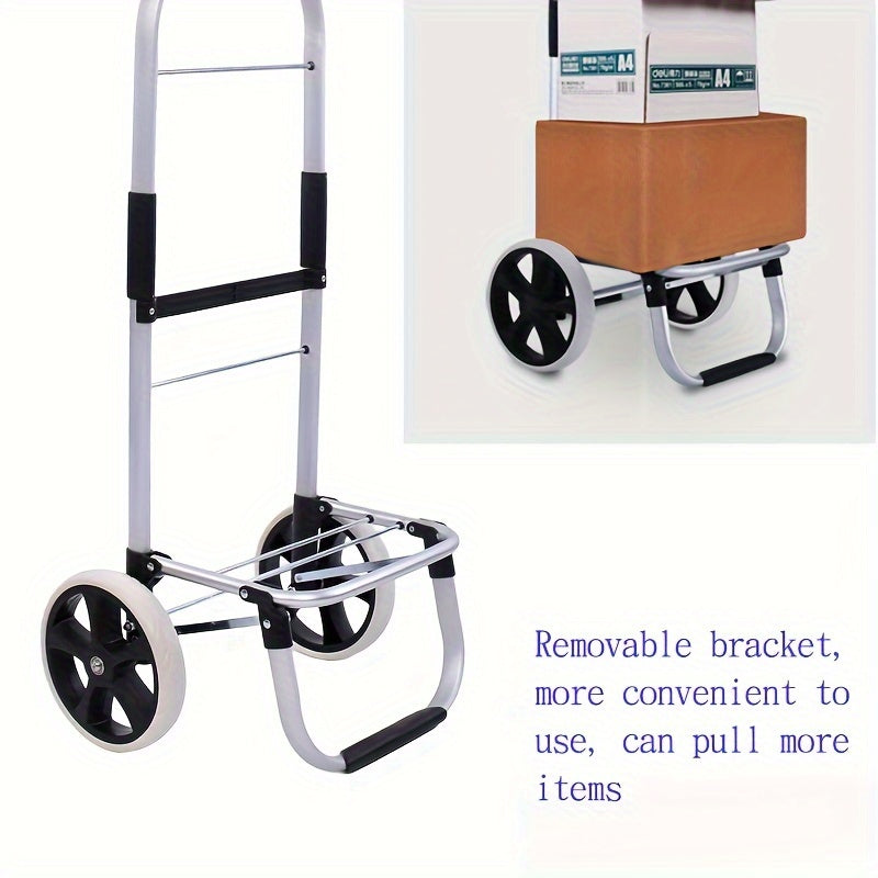 Portable folding shopping cart made of aluminum and plastic with detachable storage box. Ideal for grocery shopping, moving, or camping. No electricity required. Features sturdy