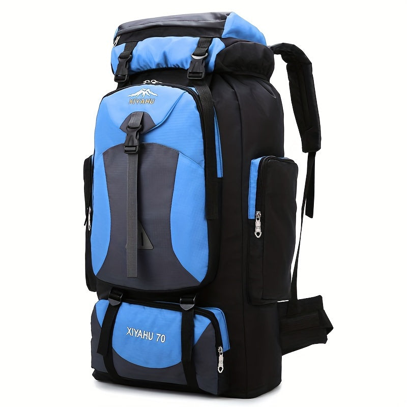 Durable nylon travel backpack for camping and hiking purposes.