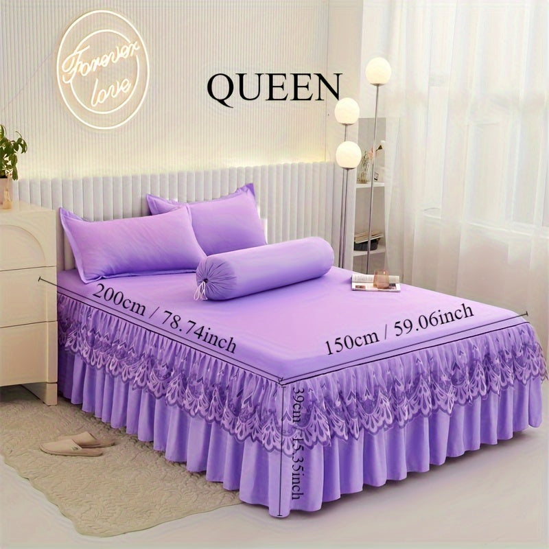 Chic 3-Piece Bed Skirt Set Featuring Double Layer Lace - Comes with 1 Bed Skirt and 2 Pillowcases, in a Solid Color. Non-Slip and Perfect for All Seasons, this Set is Machine Washable for easy care.