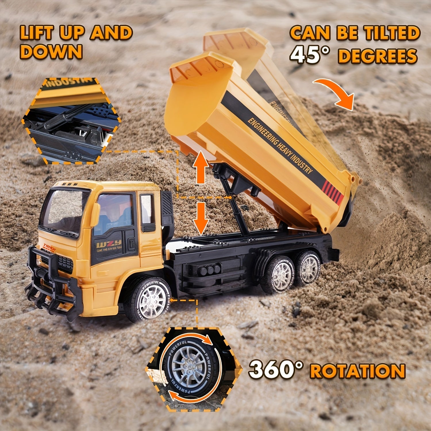 FUUY 2.4Ghz RC Dump Truck O'yinchoq Avtomobili 6-10 Yoshdagi Bolalar Uchun, 6 Kanal, Yorug'lik va Ovoz, USB Zaryadlash, Qayta Zaryadlanadigan Batareya, 360° Aylanish, 45° Egilish, Plastik