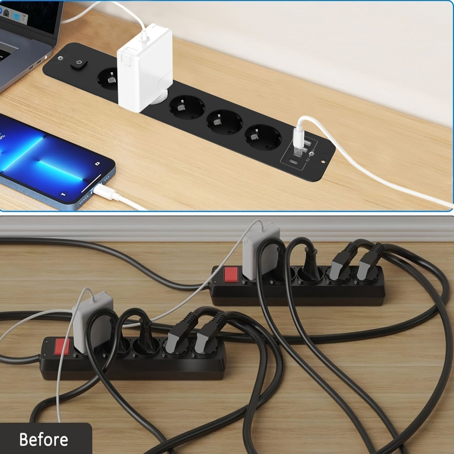 A versatile home USB power socket with 9 features including 4 USB ports, 5 DC sockets, one high-power socket, and a 6.56-foot extension cord, suitable for various settings.