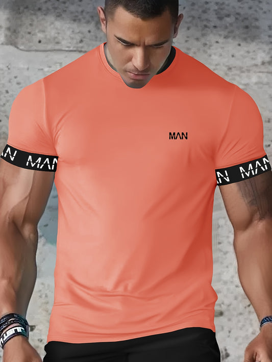 Men's lightweight athletic t-shirt made from a breathable and stretchy blend of polyester and elastane, suitable for gym, running, and training. Machine washable.