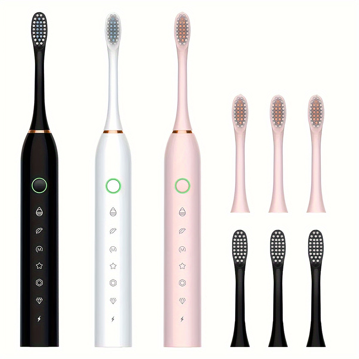 Rechargeable USB electric toothbrush with 6-speed vibration and 28000 VPM power, includes 4 or 8 special soft brush heads for adults.