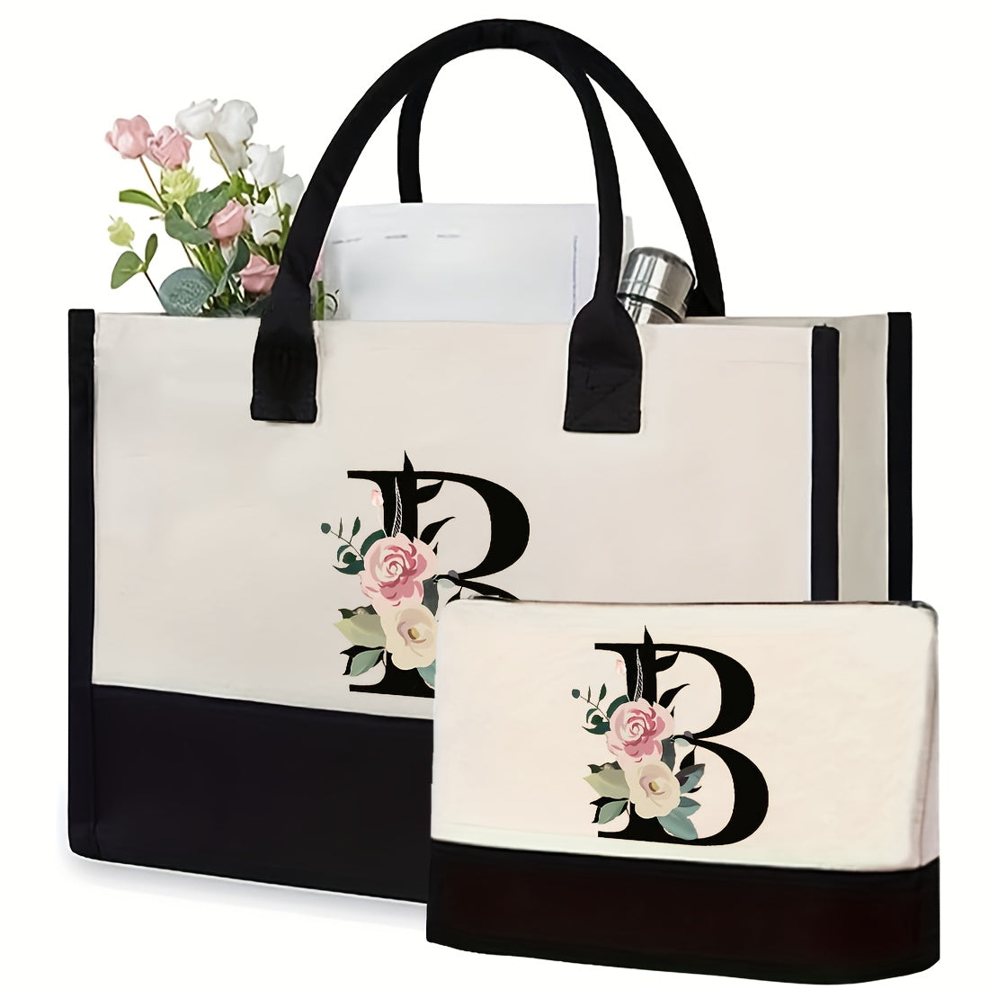 Custom canvas cosmetics bag with assorted colors, fixed straps, and random prints.