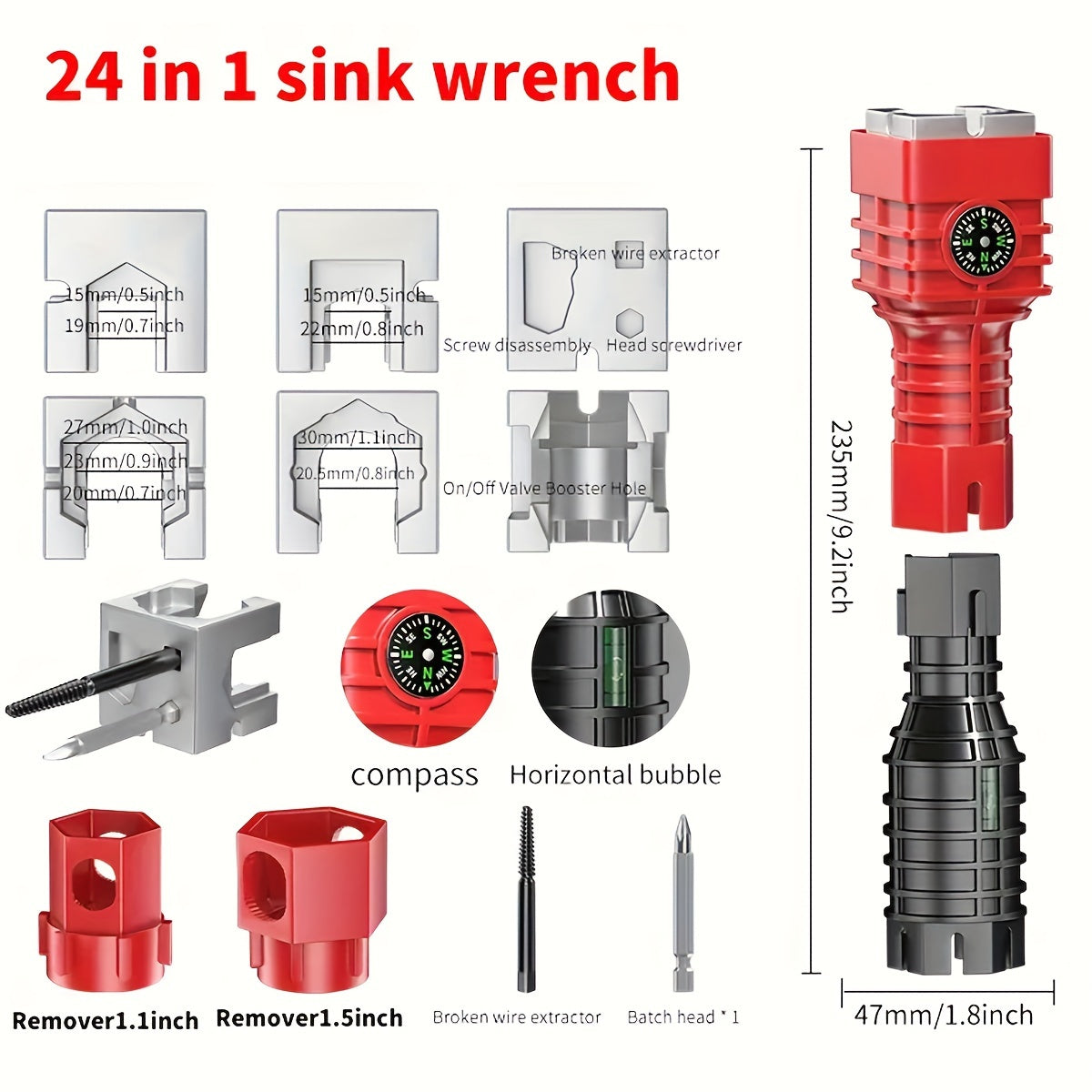 24-in-1 Faucet Repair Tool Set for Kitchen & Bathroom - Carbon Steel, Red/Black