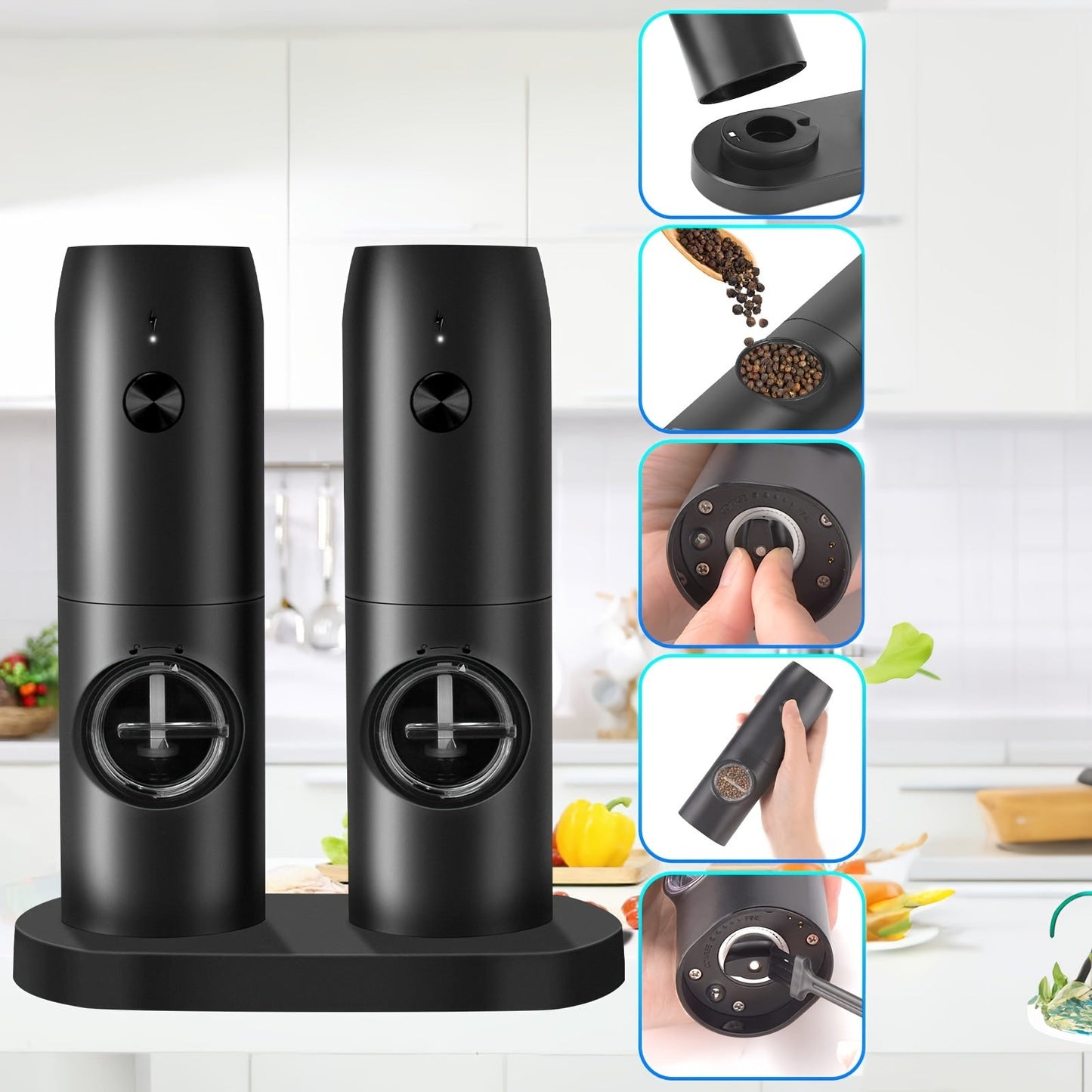 Get a set of two rechargeable electric salt and pepper grinders with adjustable coarseness levels. These spice mills come with a built-in lithium battery that can be easily charged with a USB cable. Made of durable plastic, they are perfect for holiday