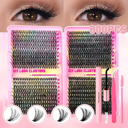 DIY lash extension kit with D curl individual lashes. Contains 200/400/800pcs of lash clusters for fuller, longer lashes. Can be reused.