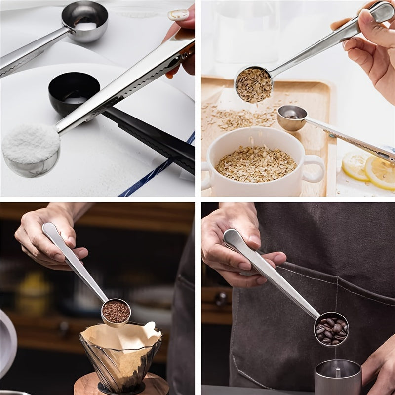 Clip-on measuring spoon set made of stainless steel, including spoons for coffee, milk powder, and sealing food bags.