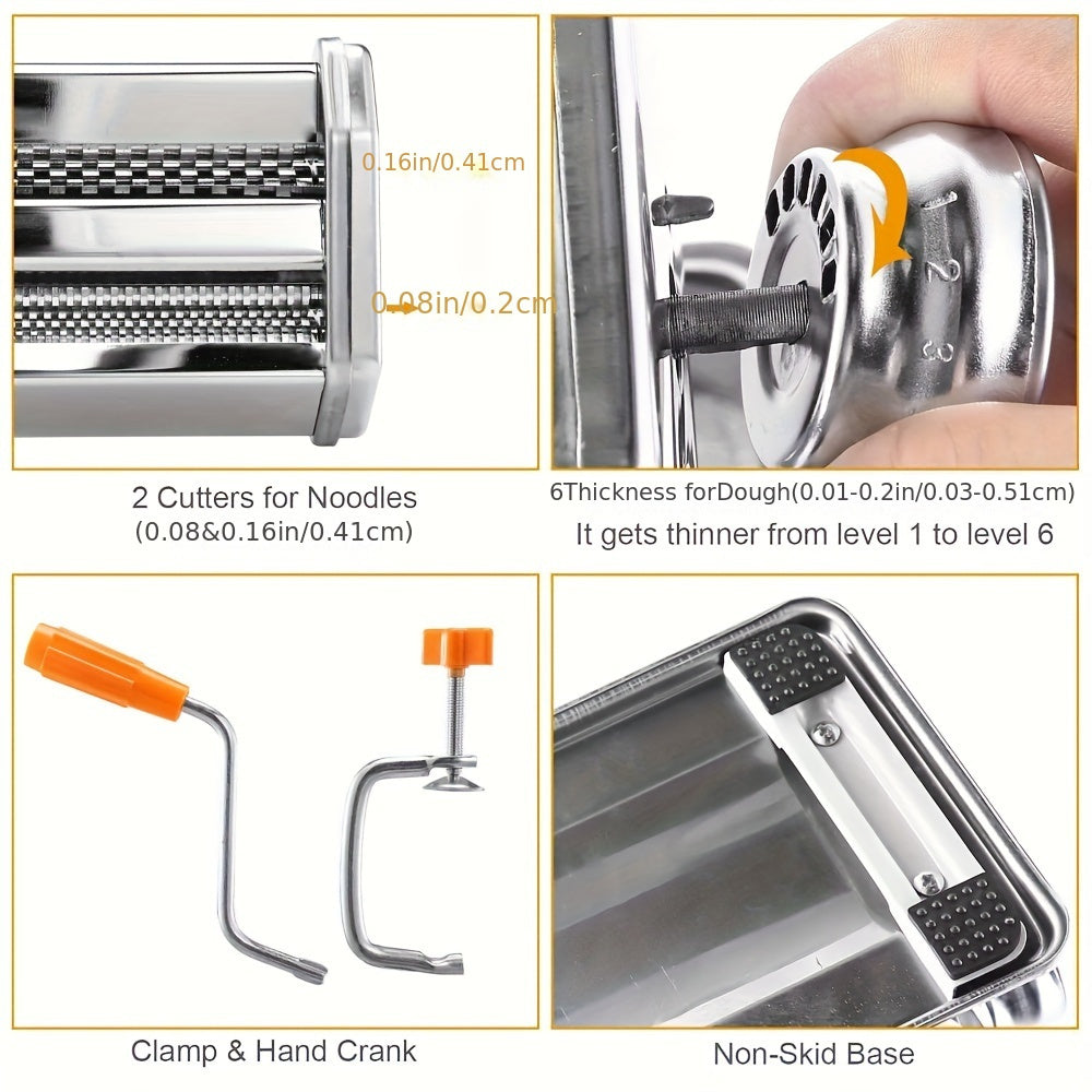 Adjustable Stainless Steel Pasta Maker, Manual Noodle Width, Easy-to-Use Home Italian Pasta Machine, Essential Kitchen and Dining Tool, Includes Italian Noodle Machine Accessories