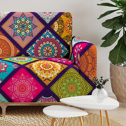 Colorful stretch sofa cover with elastic band adds a bohemian touch and protects furniture.