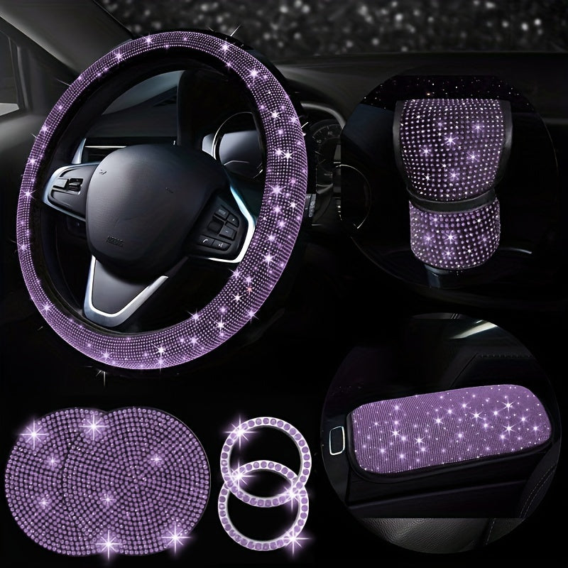 7-piece set of bling car steering wheel covers with cup holder coaster and gear shift knob cover. Made of polyester fiber with auto diamond detailing. Includes armrest pad and start button