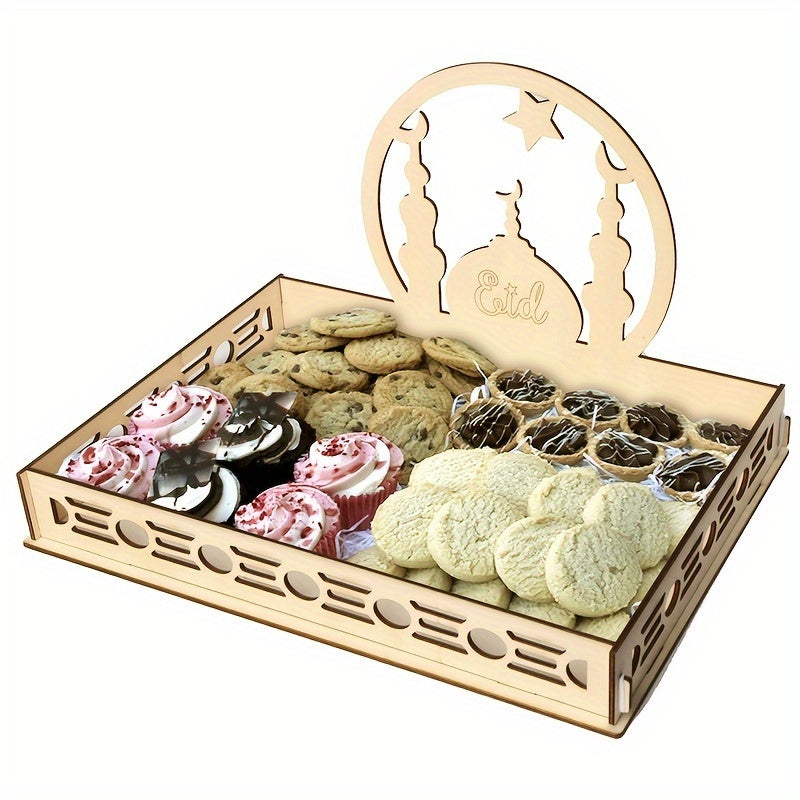 Eid Mubarak wooden dessert tray with moon and star design, ideal for Ramadan decor and Islamic celebrations, no batteries needed.