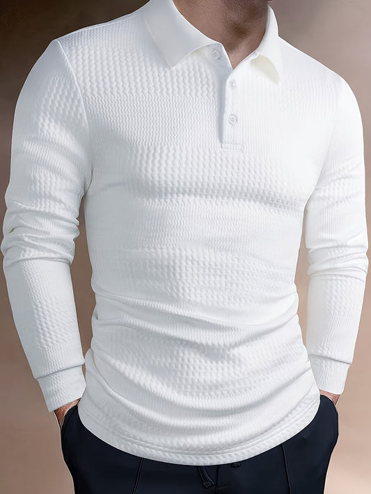 Black long-sleeve shirt for men, solid color, made of stretch polyester blend with button detail, machine washable, perfect for fall/winter.