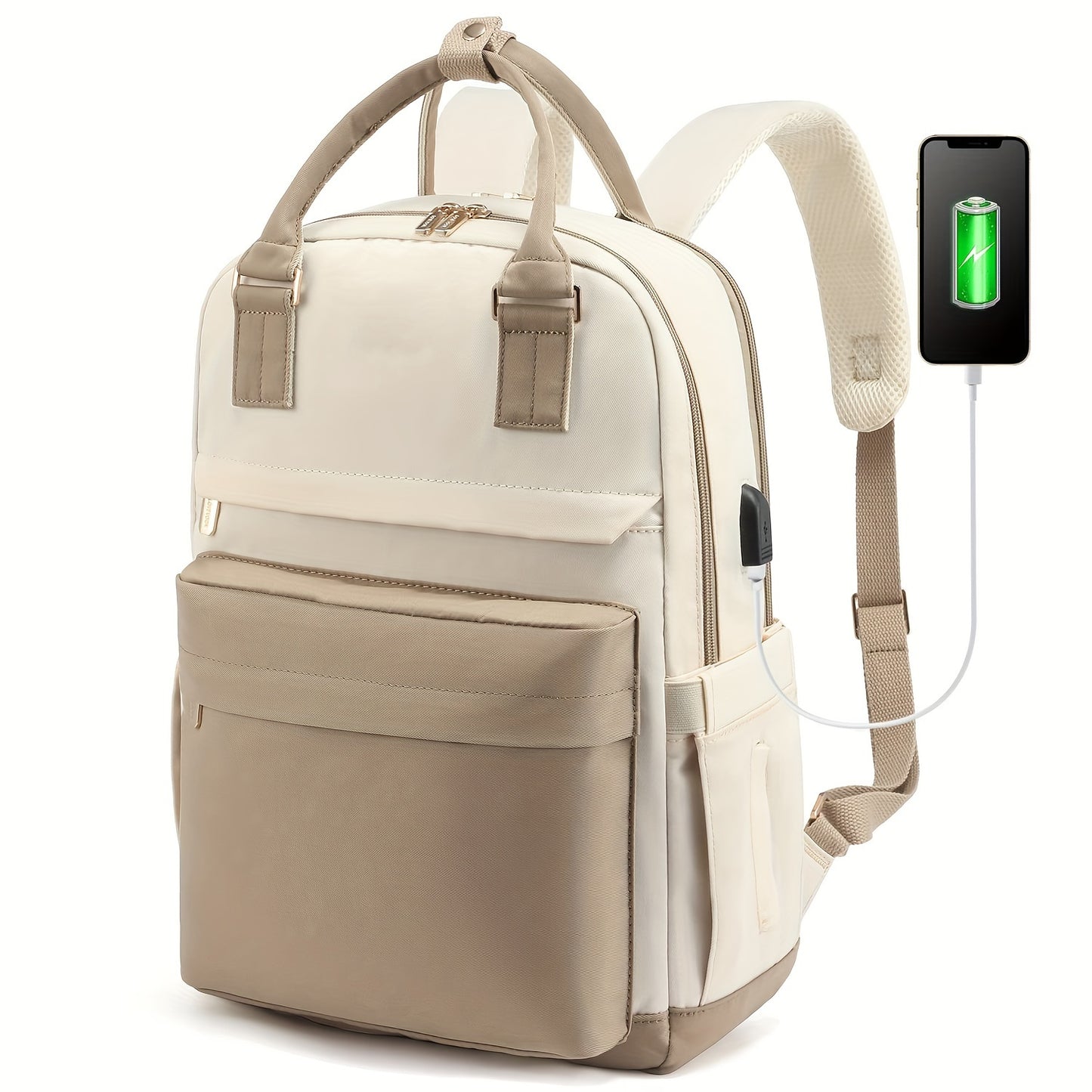 2024 Large Capacity Laptop Backpack in White Oxford Cloth with Zip Closure, Hand Wash Only. Ideal for Business Travel with Side Pockets and Pen Slot.