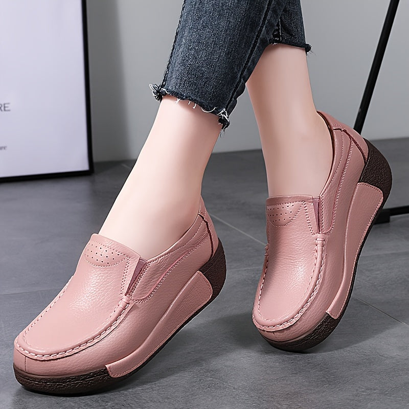 Women's slip-on loafers with mid-top design, round toe, mid heel, split cow faux leather upper, faux leather sole, all-season comfort.