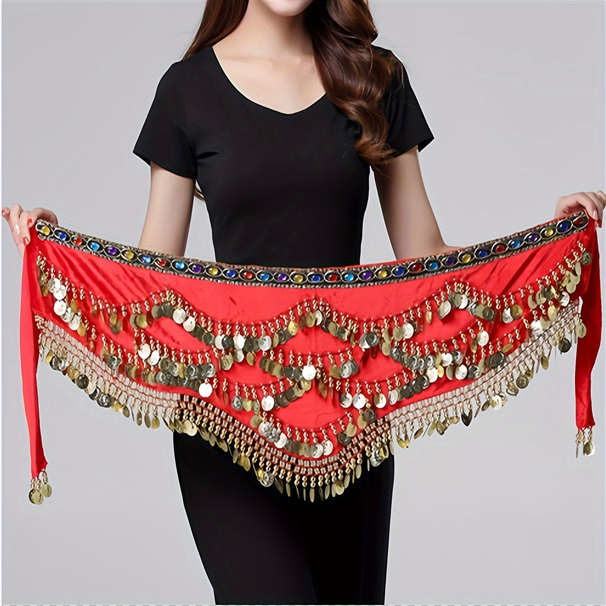 1 piece belly dance hip towel with sequin decoration for dance performances.