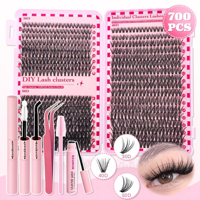 700-piece DIY Eyelash Extension Kit with 2-in-1 bond applicator, tweezers, glue remover, brush and mixed lashes in various lengths and curls. Reusable and perfect for beginners.