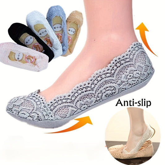 Womens Anti-Slip Lace Boat Socks, 100% Polyester, Solid Color, Comfortable & Stylish for High Heels