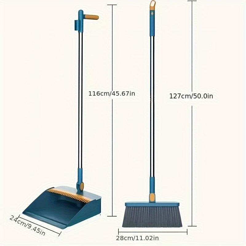 Household broom and dustpan set with non-stick technology for easy hair sweeping and trash collection.