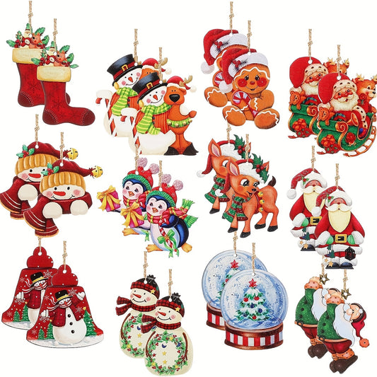 24 wooden Christmas ornaments in farmhouse style featuring Santa, snowman, and vintage designs for hanging on a tree or for home party decorations.