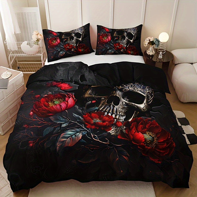 Gothic Skull Floral Duvet Cover Set - 3 Pieces (1 Duvet Cover + 2 Pillowcases, Pillow Inserts Not Included). Soft and Breathable HD Printed Bedding Set for Home and Dorm Decoration, Perfect for Halloween.