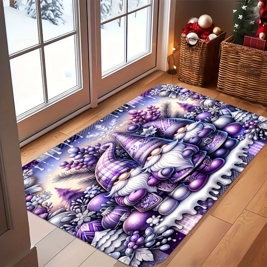 Christmas Gnome and Bell Tree Design Purple Welcome Mat - Non-Slip, Easy to Clean, Stain-Resistant, Machine Washable - Thick Flannel Anti-Slip Memory Foam Doormat (1pc, 1.19cm) - Perfect for Bathroom, Living Room, Bedroom, Kitchen, Office - Festive