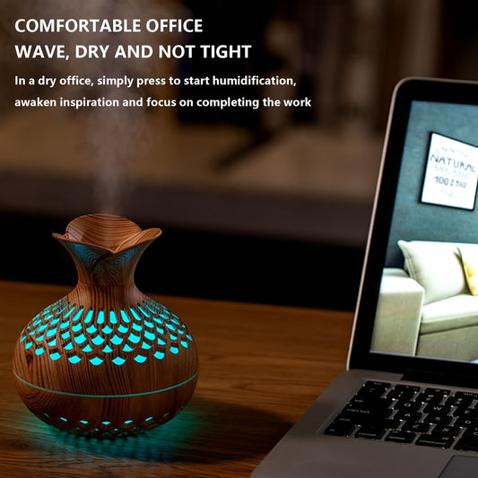 Wood Grain Aromatherapy Lamp & Humidifier: USB Powered, Improves Air Quality, Ideal for Any Room.