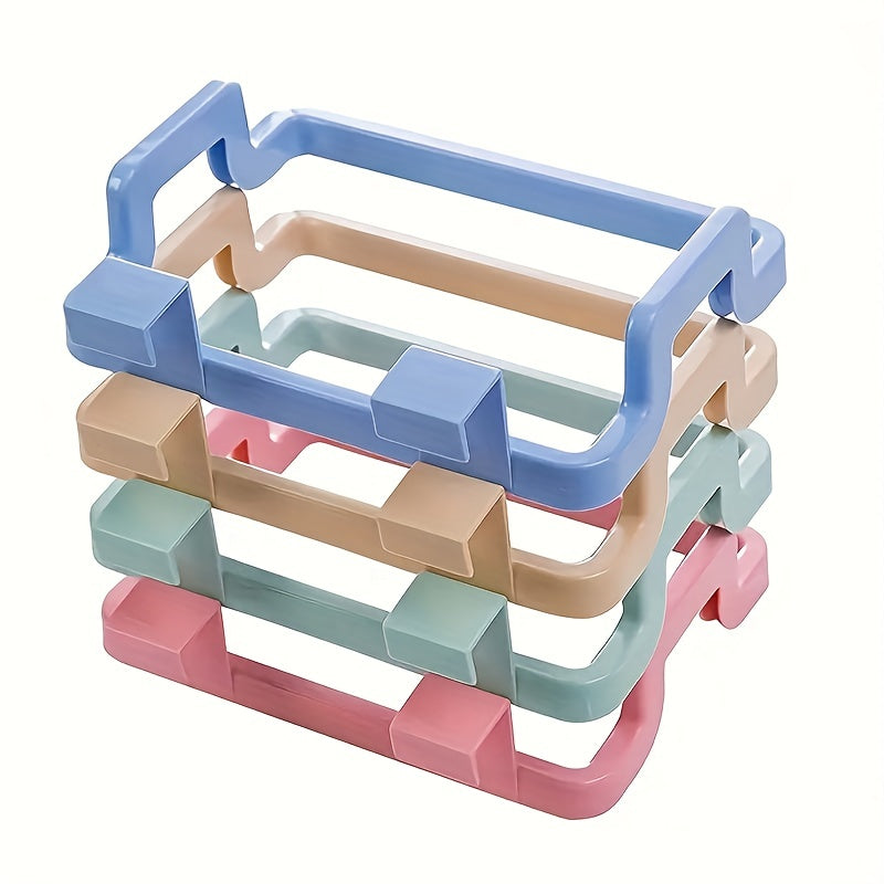 Reusable plastic bag holder rack for kitchen, pantry, garage, and bathroom that fits over a cabinet.