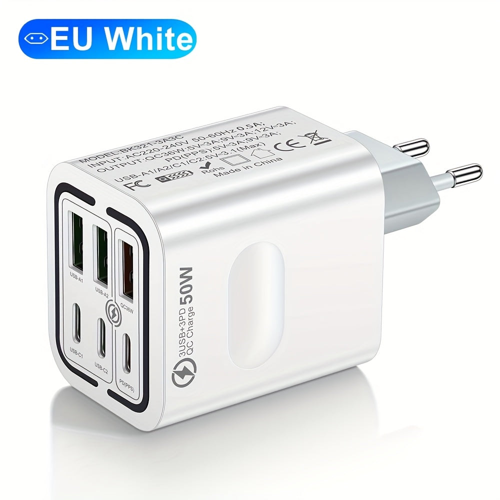 GUSEYEE 50W 6-Port USB C Quick Charger for iPhone and Samsung phones.