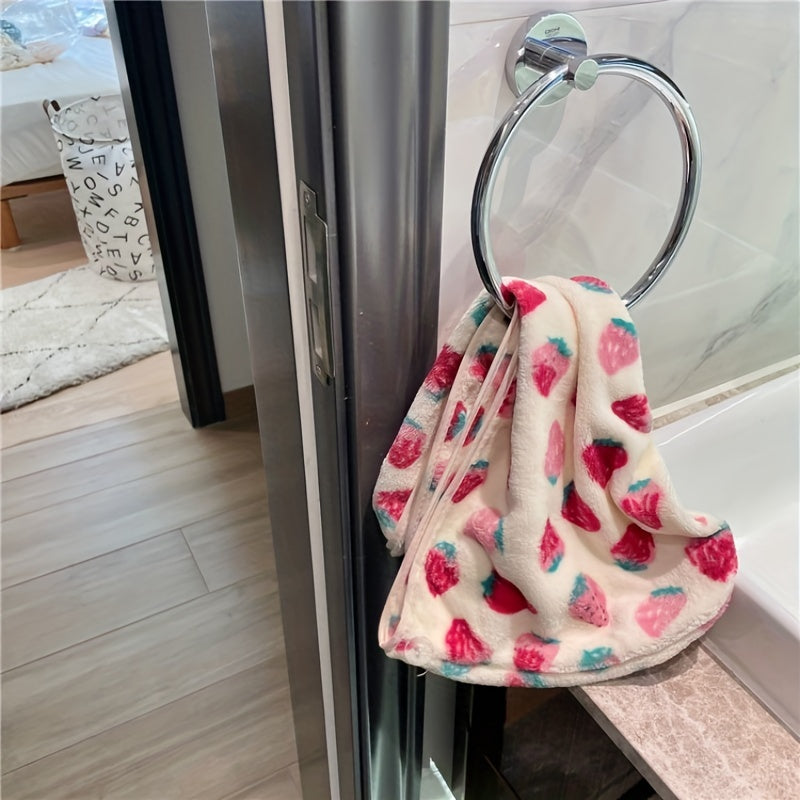 1pc Ultra-absorbent Strawberry Pattern Hair Drying Cap for Women made of soft coral fleece material. Specifically designed for quick-drying and frizz control, also doubles as a cute bathroom accessory.